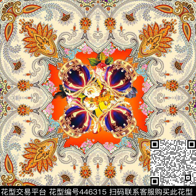 花众欧式花纹加皇冠方巾 - 446315 - 中西 花卉 - 数码印花花型 － 长巾花型设计 － 瓦栏