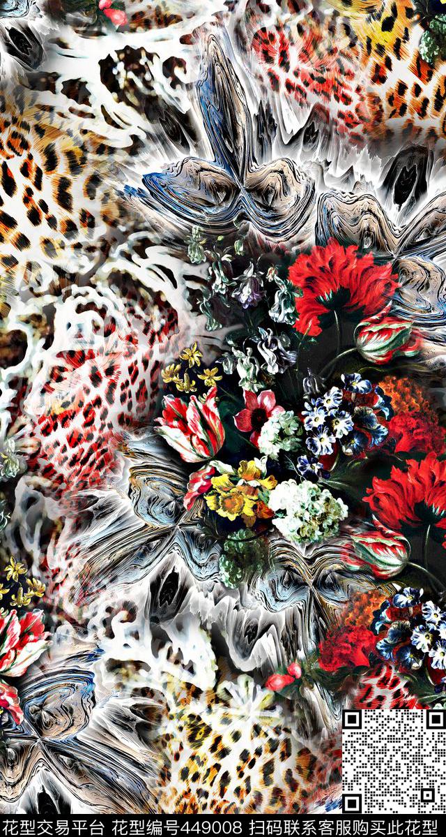 豹纹抽象肌理 炫彩 油画花卉组合 服装 - 449008 - 豹纹 抽象肌理 炫彩 - 数码印花花型 － 女装花型设计 － 瓦栏