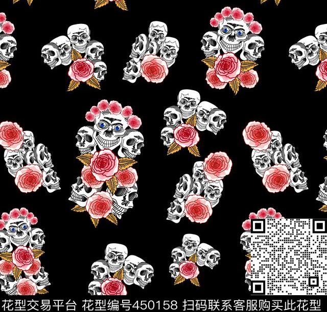 骷髅小花朵 - 450158 - 骷髅头 小花朵 骷髅 - 数码印花花型 － 女装花型设计 － 瓦栏