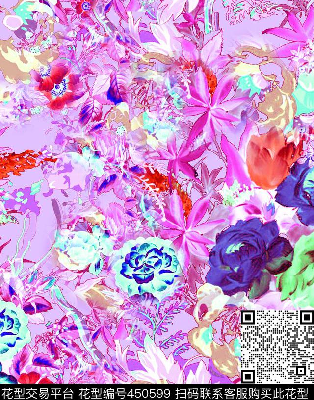 粉 - 450599 - 中国风 旗袍 花 - 传统印花花型 － 长巾花型设计 － 瓦栏