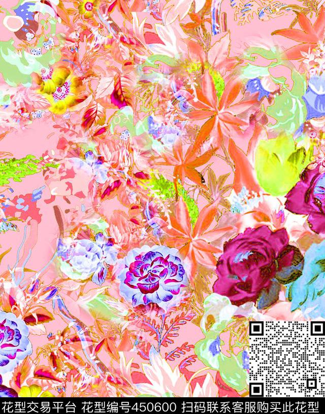 粉 - 450600 - 中国风 旗袍 花 - 传统印花花型 － 长巾花型设计 － 瓦栏