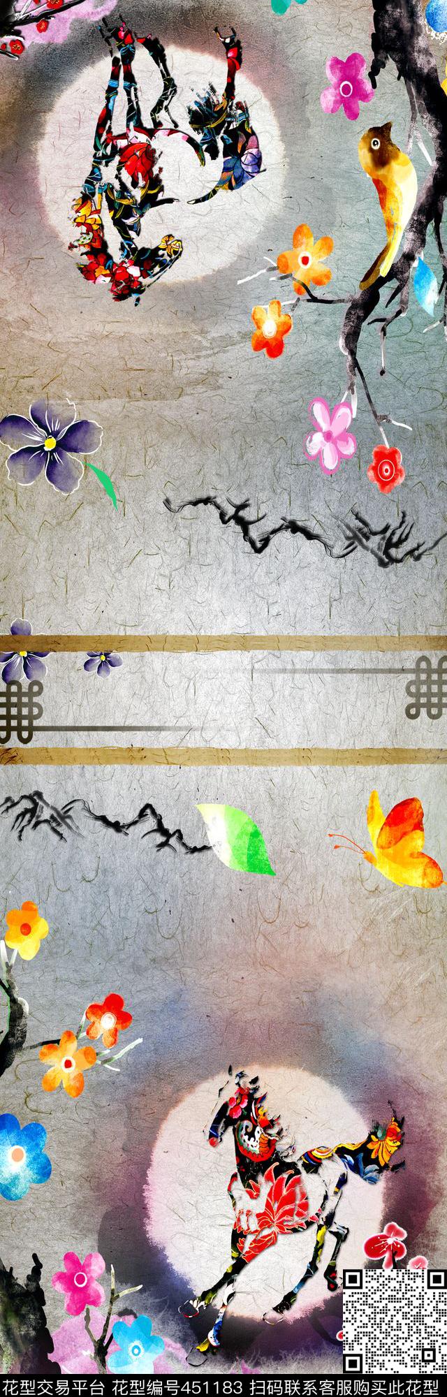 中国风长巾 - 451183 - 复古典雅 花卉 剪纸 - 数码印花花型 － 长巾花型设计 － 瓦栏
