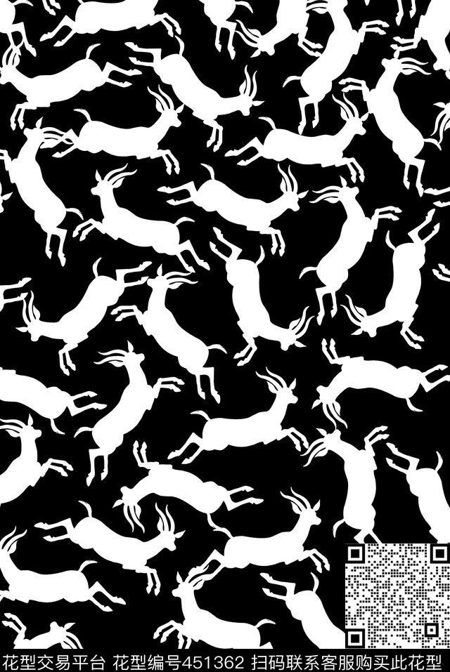 黑白单色藏羚羊满版印花，衬衫T恤印花 - 451362 - 藏羚羊 大气 动物 - 传统印花花型 － 女装花型设计 － 瓦栏