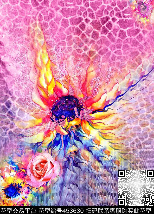 抽象花卉定位 - 453630 - 抽象化 动物纹 豹纹 - 数码印花花型 － 女装花型设计 － 瓦栏