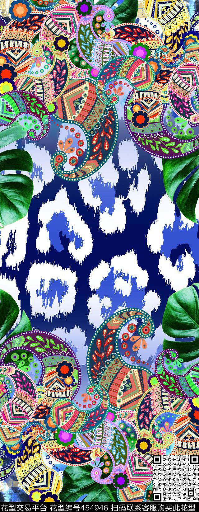 树叶 佩斯利 豹纹肌理 创意长巾系列 - 454946 - 豹纹 长巾系列 创意 - 数码印花花型 － 长巾花型设计 － 瓦栏