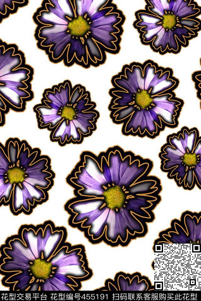 创意描边花朵 - 455191 - 小清新 创意描边手绘花朵 时尚潮流 - 数码印花花型 － 女装花型设计 － 瓦栏