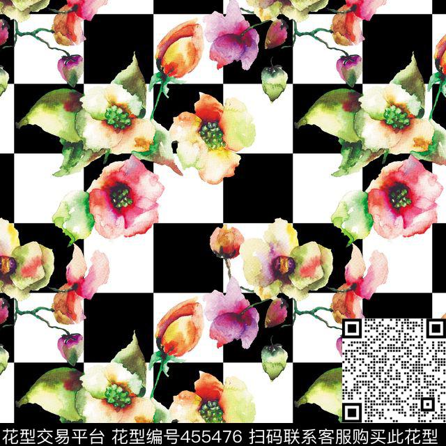 水彩方格花 - 455476 - 水彩画 - 数码印花花型 － 女装花型设计 － 瓦栏