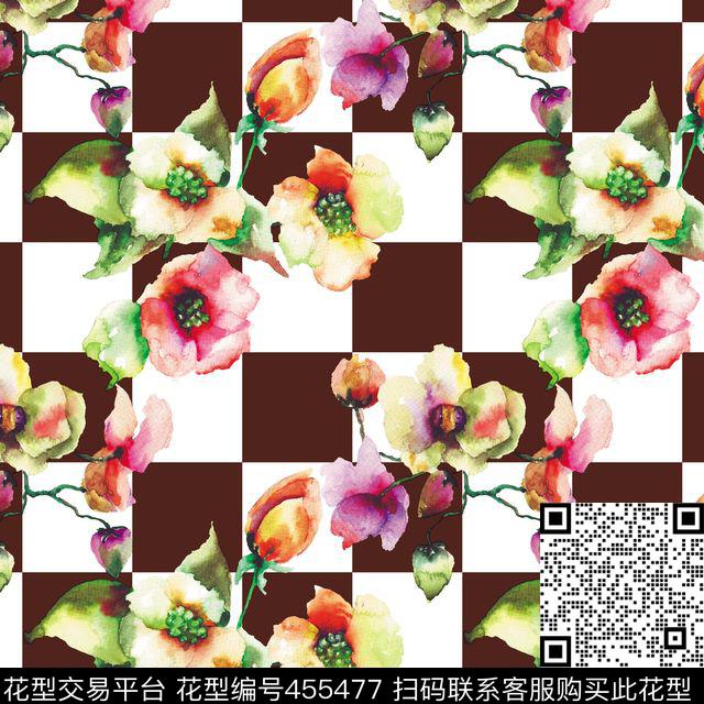 水彩方格花 - 455477 - 花 - 数码印花花型 － 女装花型设计 － 瓦栏