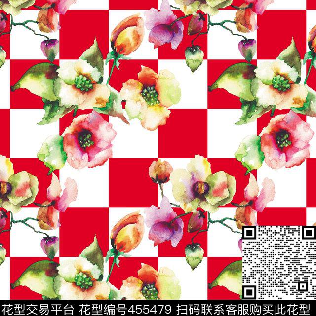 水彩方格花 - 455479 - 花 - 数码印花花型 － 女装花型设计 － 瓦栏