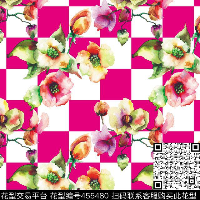 水彩方格花 - 455480 - 花 - 数码印花花型 － 女装花型设计 － 瓦栏