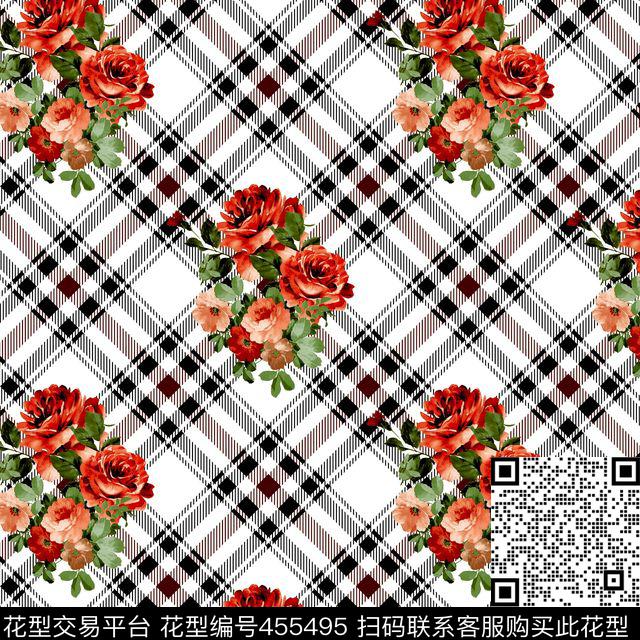 格子花 - 455495 - 花 - 数码印花花型 － 女装花型设计 － 瓦栏