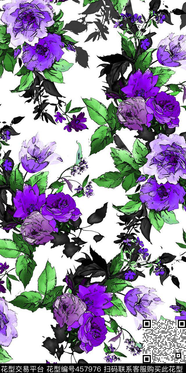 倾城之恋 - 457976 - 花卉 花朵 绿叶 - 数码印花花型 － 女装花型设计 － 瓦栏
