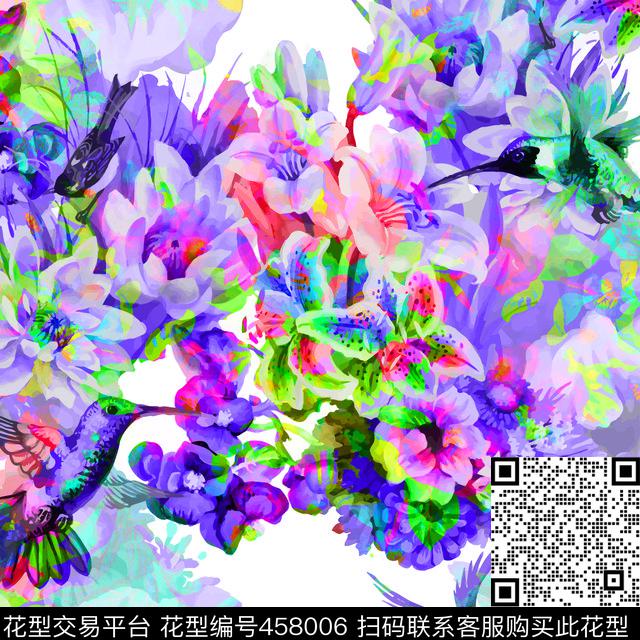 水彩花鸟 - 458006 - 花鸟 数码印花 水彩 - 数码印花花型 － 女装花型设计 － 瓦栏