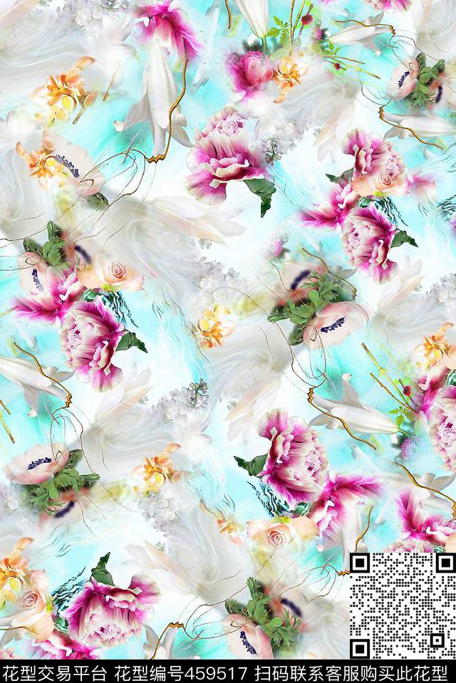 天空漂浮花卉 - 459517 - 花卉 云彩 花藤 - 数码印花花型 － 女装花型设计 － 瓦栏