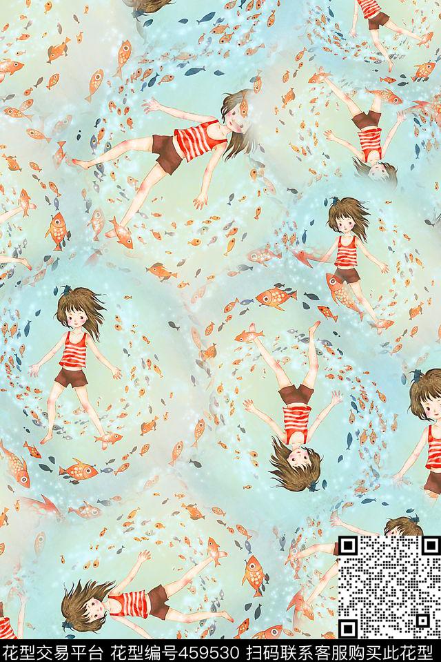 梦中的鱼儿 - 459530 - 插画 儿童 鱼 - 传统印花花型 － 女装花型设计 － 瓦栏