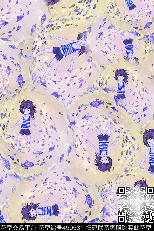 梦中的鱼儿 - 459531 - 插画 儿童 鱼 - 传统印花花型 － 女装花型设计 － 瓦栏