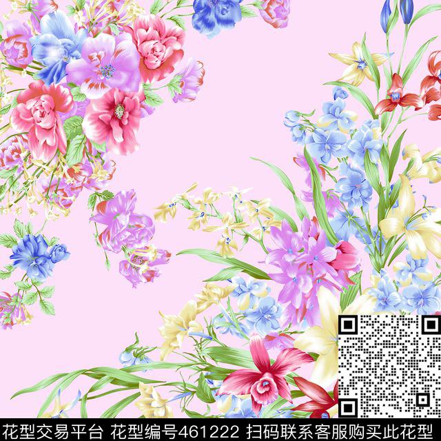 百合花方巾 - 461222 - 百合花 月季 花束组合 - 传统印花花型 － 方巾花型设计 － 瓦栏