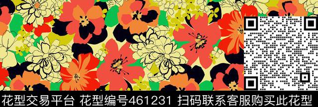 简单线条花朵长巾 - 461231 - 简单线条 块面花朵 真丝长巾 - 传统印花花型 － 长巾花型设计 － 瓦栏