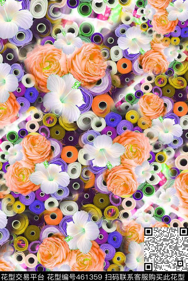 木槿花线卷 - 461359 - 花卉 木槿花 线卷 - 数码印花花型 － 女装花型设计 － 瓦栏