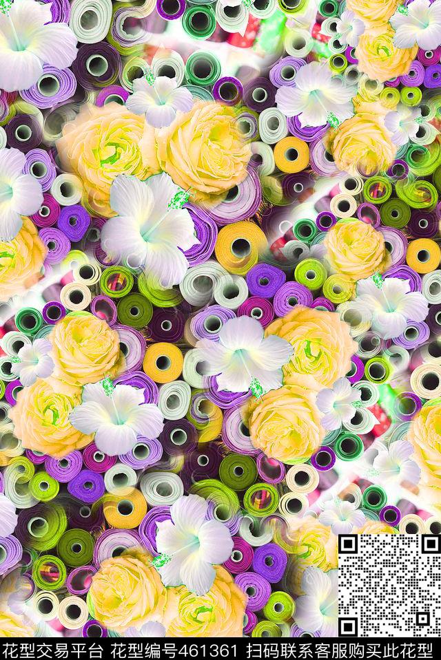 木槿花线卷 - 461361 - 花卉 木槿花 线卷 - 数码印花花型 － 女装花型设计 － 瓦栏
