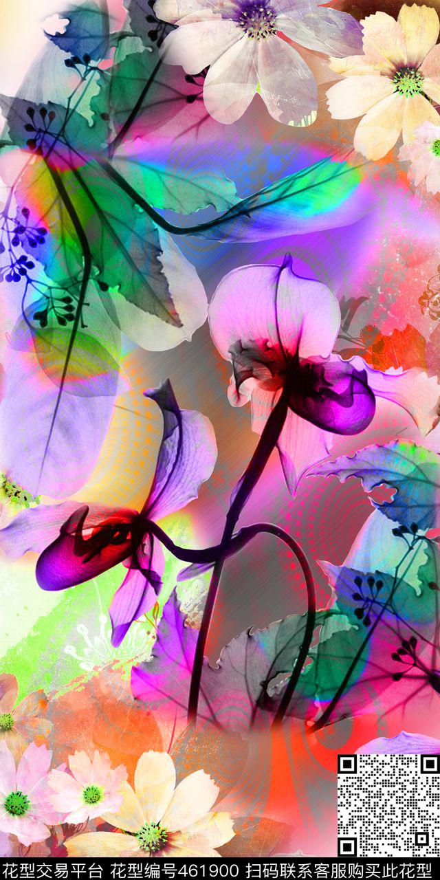 花叶色 - 461900 - 色彩花叶 写意 清澈 - 数码印花花型 － 女装花型设计 － 瓦栏