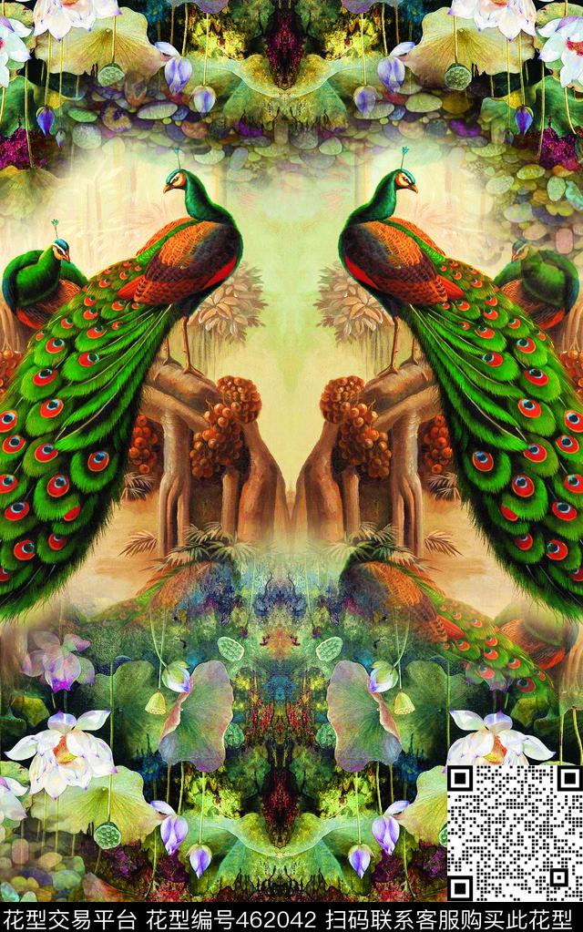 油画孔雀飞舞定位.jpg - 462042 - 孔雀 花卉 油画 - 数码印花花型 － 女装花型设计 － 瓦栏