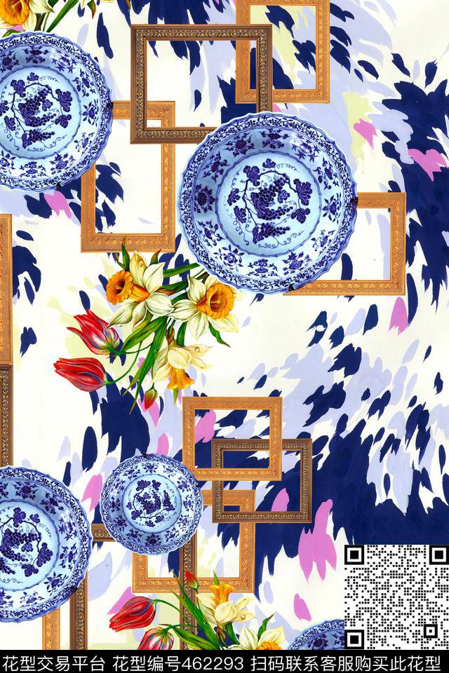 中国风 - 462293 - 民族 简约 青花瓷 - 数码印花花型 － 女装花型设计 － 瓦栏