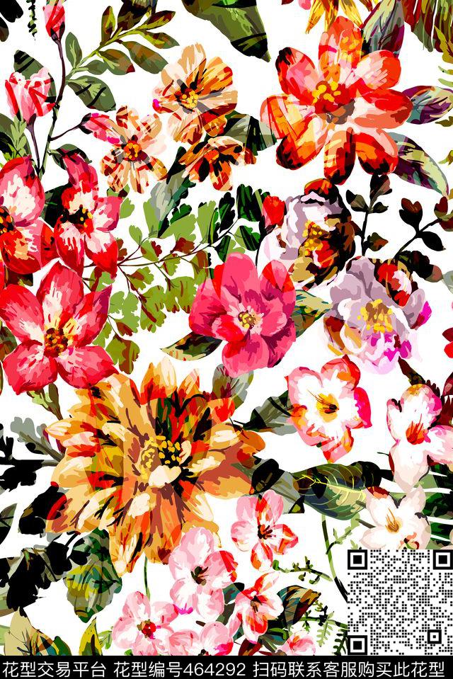 时尚手绘五彩大多花卉 - 464292 - 时尚手绘 花卉 五彩大朵 - 传统印花花型 － 女装花型设计 － 瓦栏