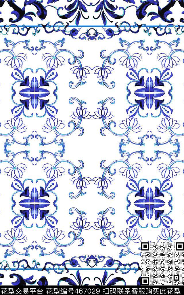 手绘青花瓷图案 - 467029 - 手绘花纹 青花瓷风格 简约 - 传统印花花型 － 女装花型设计 － 瓦栏