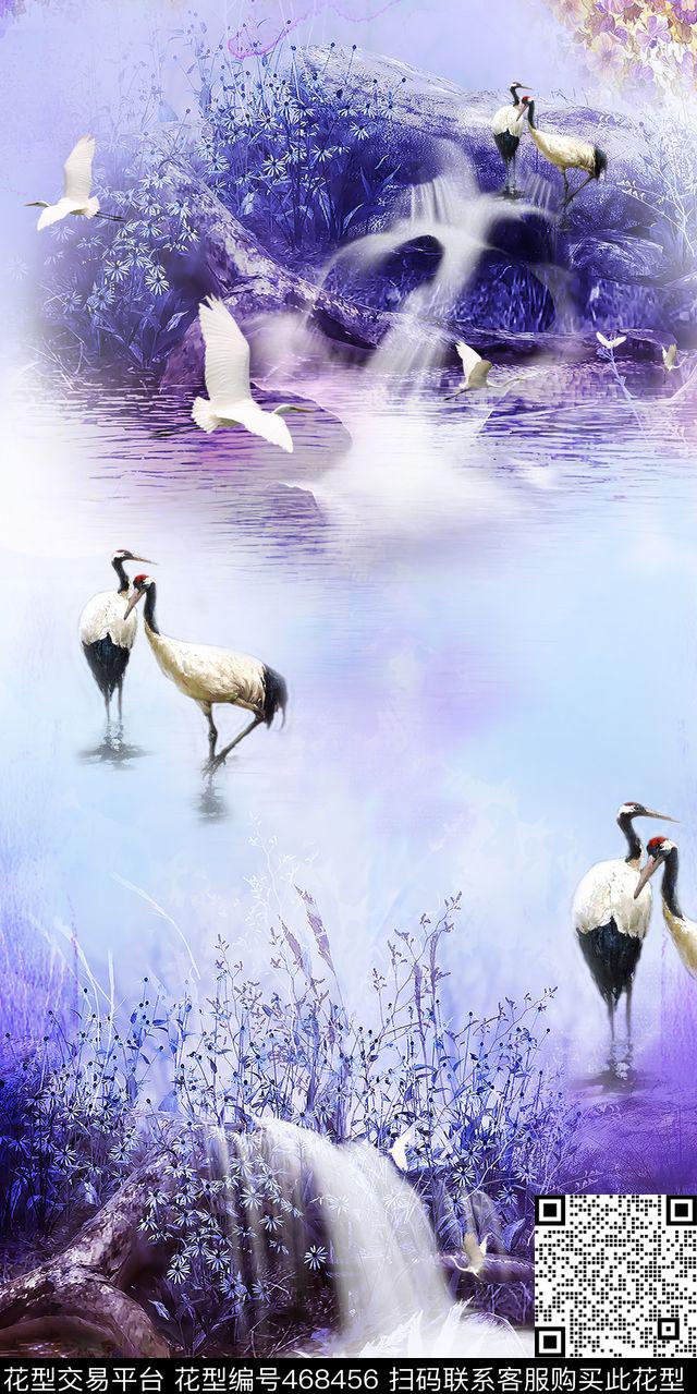 紫色风情水流瀑布仙鹤图 - 468456 - 水彩 紫色 写意 - 数码印花花型 － 女装花型设计 － 瓦栏