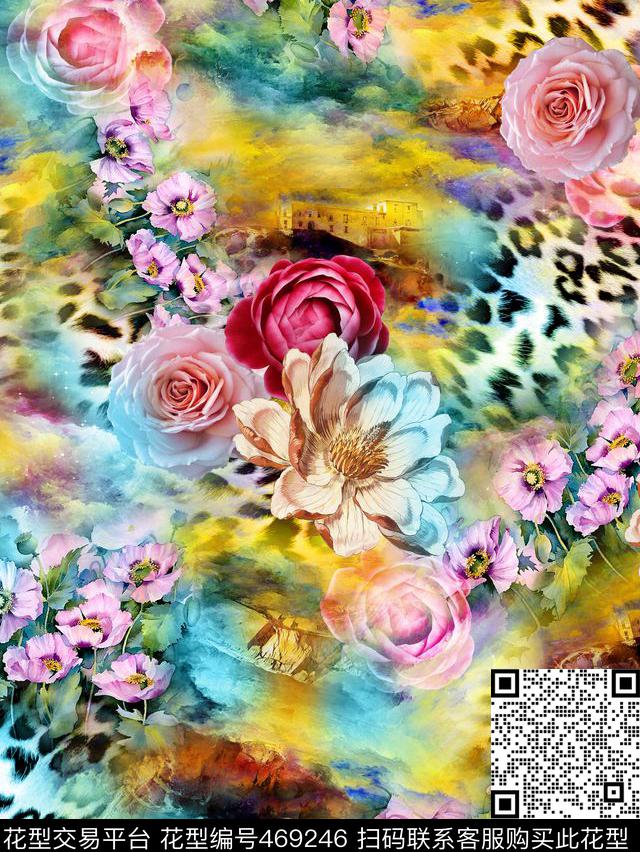 动物底纹清新花卉 - 469246 - 时尚 动物纹 花卉 - 数码印花花型 － 女装花型设计 － 瓦栏