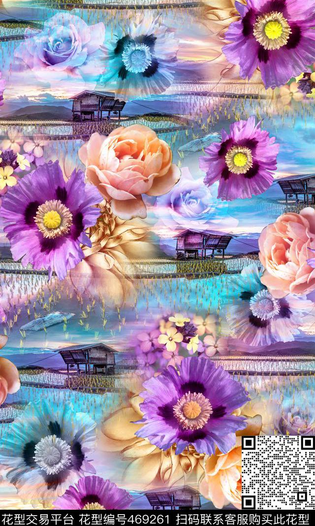美景底纹大花卉 - 469261 - 风景 花卉 时尚 - 数码印花花型 － 女装花型设计 － 瓦栏