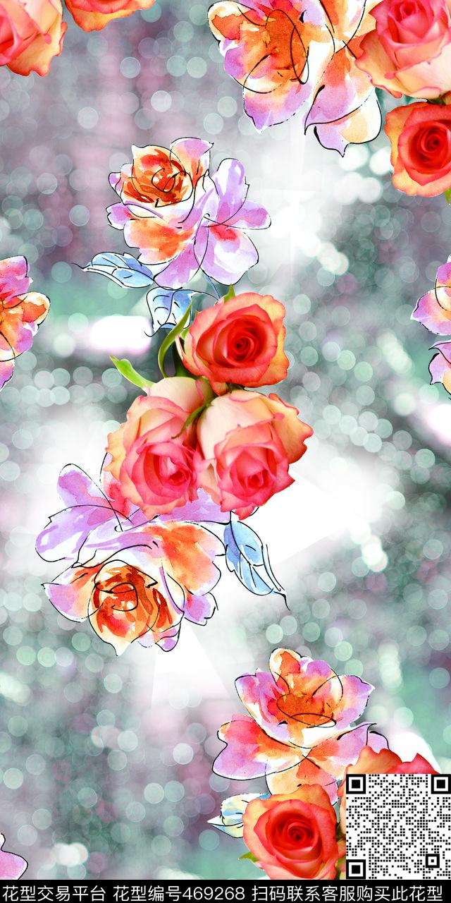 清新玫瑰手绘花卉 - 469268 - 时尚 手绘 花卉 - 数码印花花型 － 女装花型设计 － 瓦栏
