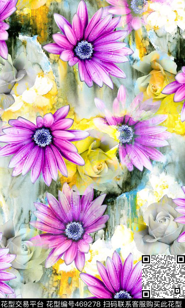 素雅水墨底纹大花卉 - 469278 - 时尚 水墨 花 - 数码印花花型 － 女装花型设计 － 瓦栏