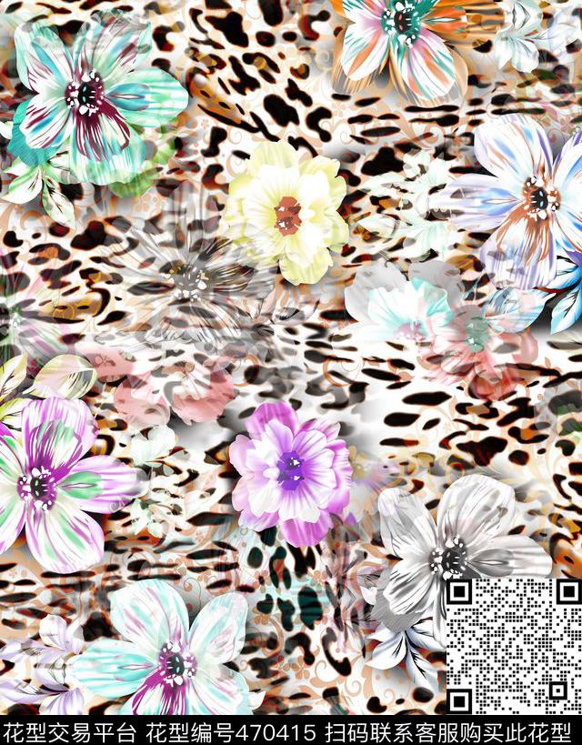 豹纹花 - 470415 - 中式 豹纹 自然色 - 传统印花花型 － 床品花型设计 － 瓦栏