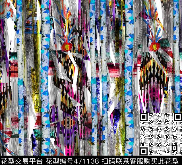 抽象手绘色彩拼接不定位 - 471138 - 抽象 手绘涂鸦 树木 - 数码印花花型 － 女装花型设计 － 瓦栏
