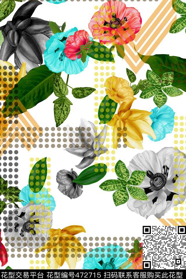 几何线条圆点花卉 - 472715 - 几何线条圆点 清新花卉 文艺 - 数码印花花型 － 女装花型设计 － 瓦栏