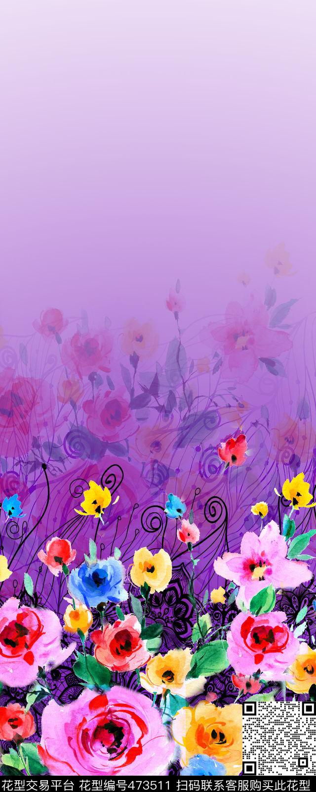 水彩手绘花卉 抽象几何纹路 渐变过渡 - 473511 - 水彩手绘花卉 抽象几何纹路 渐变过渡 - 数码印花花型 － 女装花型设计 － 瓦栏