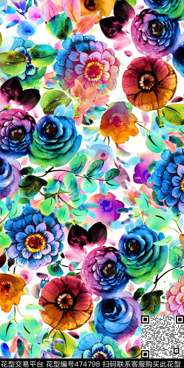 时尚 手绘 水墨 水彩 花卉 - 474798 - 时尚 手绘 水墨 水彩 花卉 女装 - 数码印花花型 － 女装花型设计 － 瓦栏