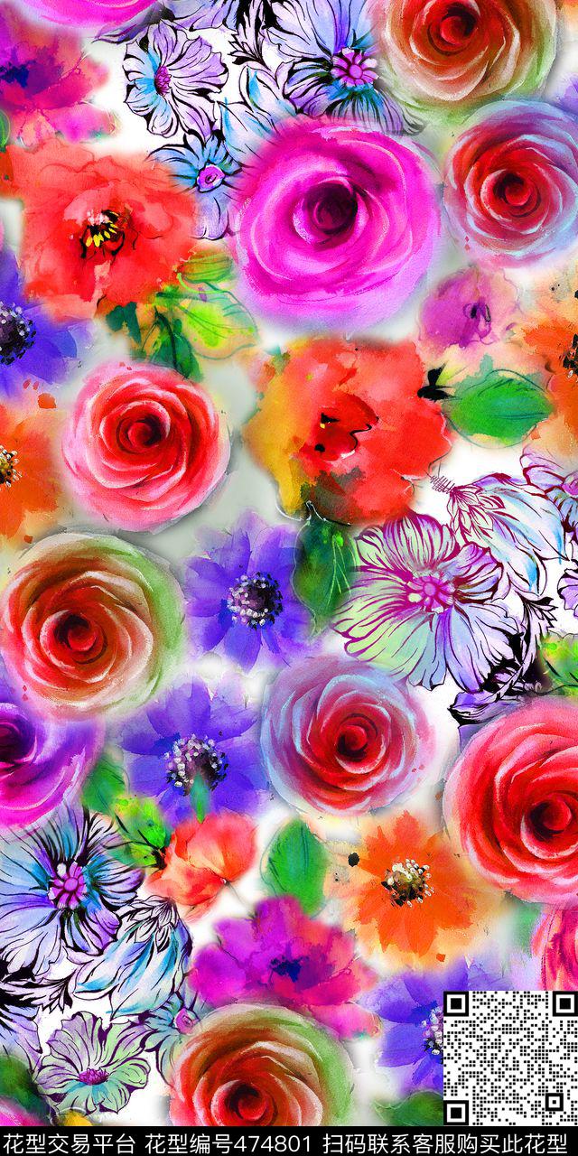 时尚 手绘 水彩 水墨花卉 - 474801 - 时尚 手绘 水彩 水墨花卉 女装 - 数码印花花型 － 女装花型设计 － 瓦栏