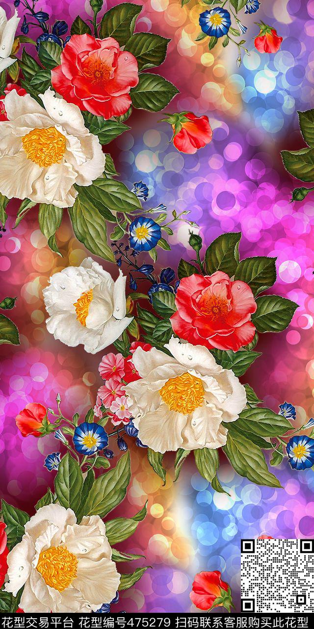 时尚油画花卉 彩色小圆点 - 475279 - 时尚油画花卉 彩色小圆点 女装 - 数码印花花型 － 女装花型设计 － 瓦栏