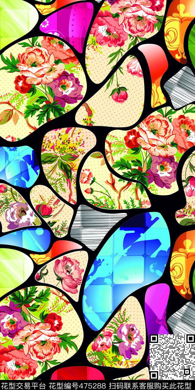 时尚抽象几何 手绘花卉 - 475288 - 时尚抽象几何 手绘花卉 女装 - 数码印花花型 － 女装花型设计 － 瓦栏
