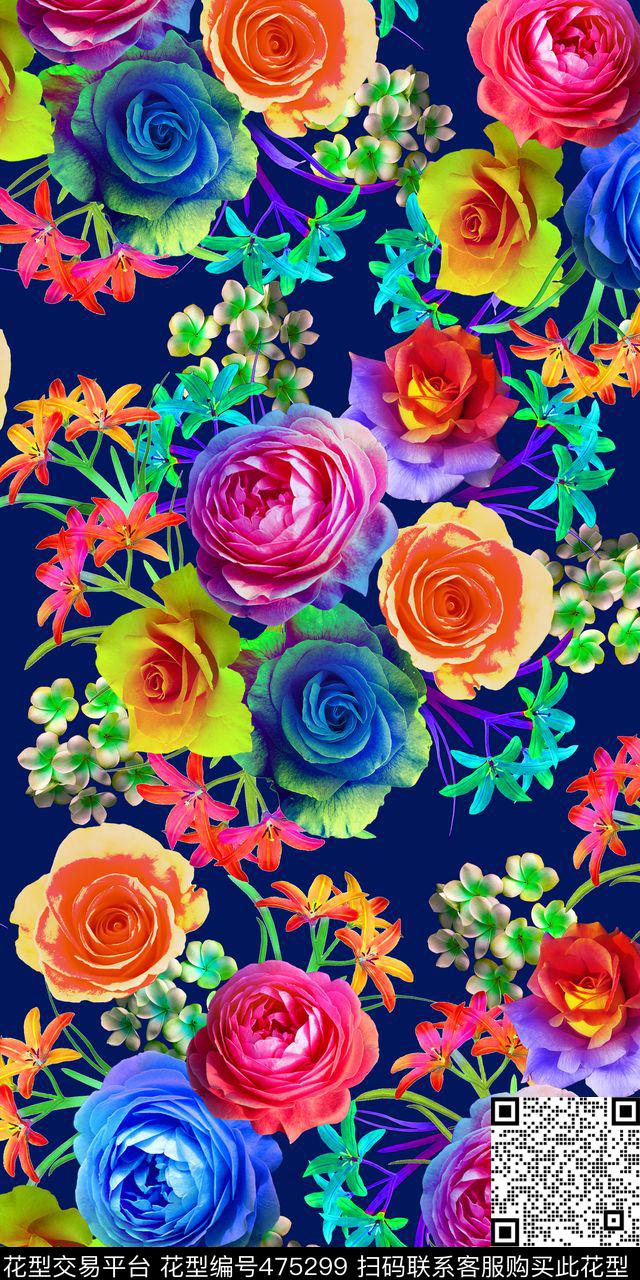 时尚 多彩 玫瑰花 满天星小花 - 475299 - 时尚 多彩 玫瑰花 满天星小花 女装 - 数码印花花型 － 女装花型设计 － 瓦栏