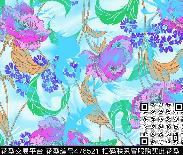 传统花型 - 476521 - 明快 亮丽 水墨 - 传统印花花型 － 女装花型设计 － 瓦栏