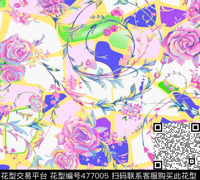 传统花型 - 477005 - 粉嫩 柔美 梦幻 - 传统印花花型 － 女装花型设计 － 瓦栏