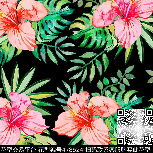 手绘花朵叶子女装匹布 - 478524 - 简约时尚 手绘花朵 叶子 - 数码印花花型 － 女装花型设计 － 瓦栏