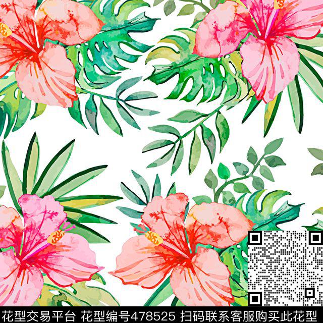 手绘花朵叶子女装匹布 - 478525 - 简约时尚 手绘花朵 叶子 - 数码印花花型 － 女装花型设计 － 瓦栏