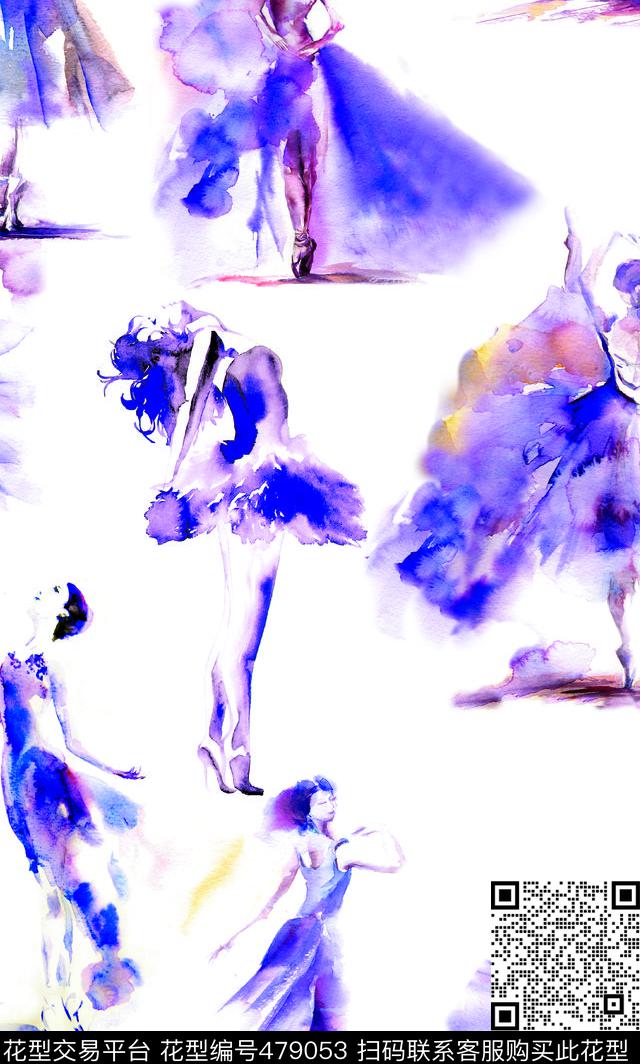 休闲 手绘 水彩 人物 舞者 女装 花型 - 479053 - 1/2跳接 女装 手绘 - 数码印花花型 － 女装花型设计 － 瓦栏