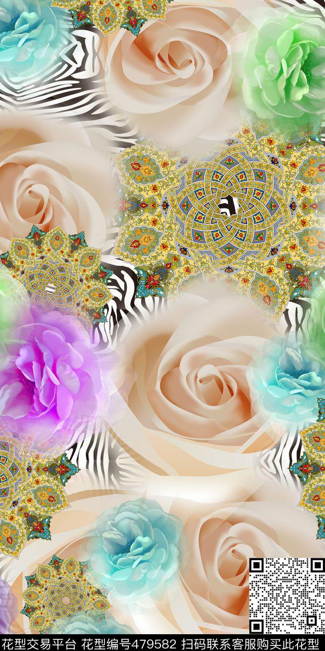 花卉 时尚 多色 服装 动物纹 民族风 欧式宫廷风 - 479582 - 时尚 花卉 绚丽 - 数码印花花型 － 女装花型设计 － 瓦栏