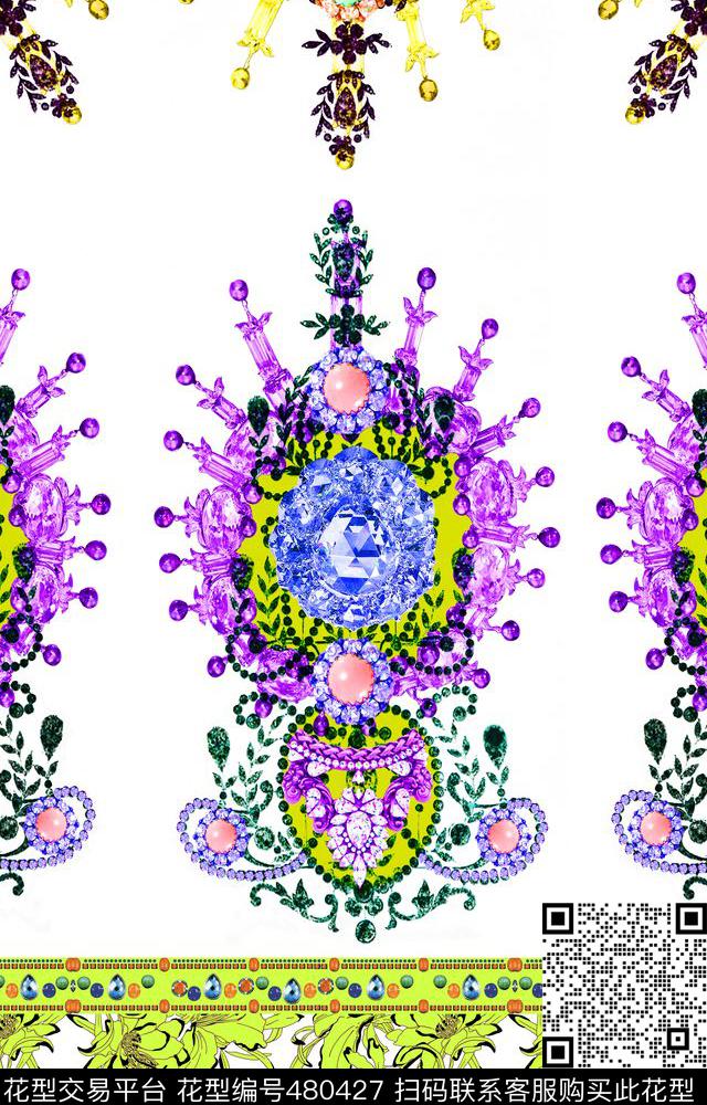 数码定位花 - 480427 - 珠宝钻石 抽象花卉 夏日风情 - 数码印花花型 － 女装花型设计 － 瓦栏